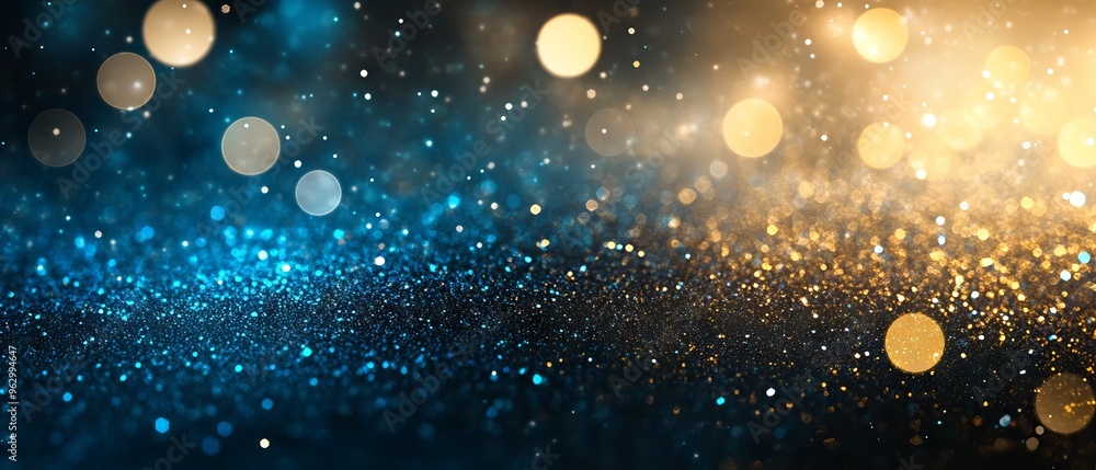 Abstract glitter lights background in blue, gold, and black tones with defocused sparkles for elegant banners or designs Abstract glitter lights background in blue, gold, and black tones with defocused sparkles for elegant banners or designs