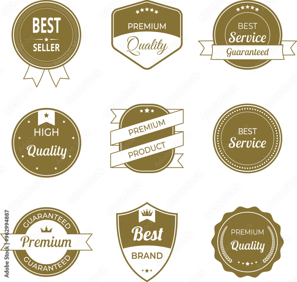 Vector illustration set of high quality labels and badges in minimalist gold color. Includes premium, certified designs for seals and stamps. Ideal to signify best standards and guaranteed quality. Vector illustration set of high quality labels and badges in minimalist gold color. Includes premium, certified designs for seals and stamps. Ideal to signify best standards and guaranteed quality.