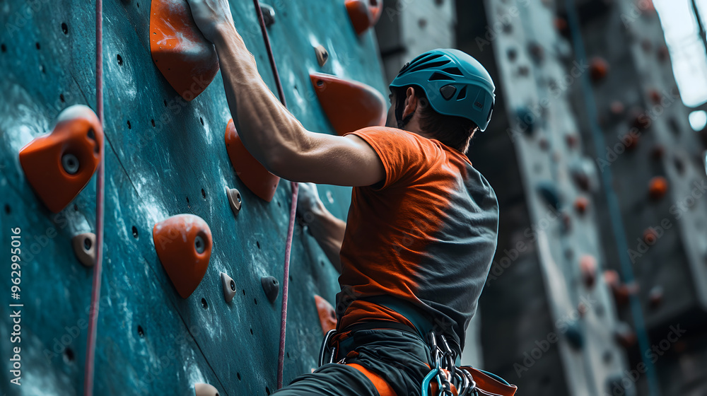 Obraz premium Rock Climbing Gym Male Climber in Action Indoor Climbing Wall