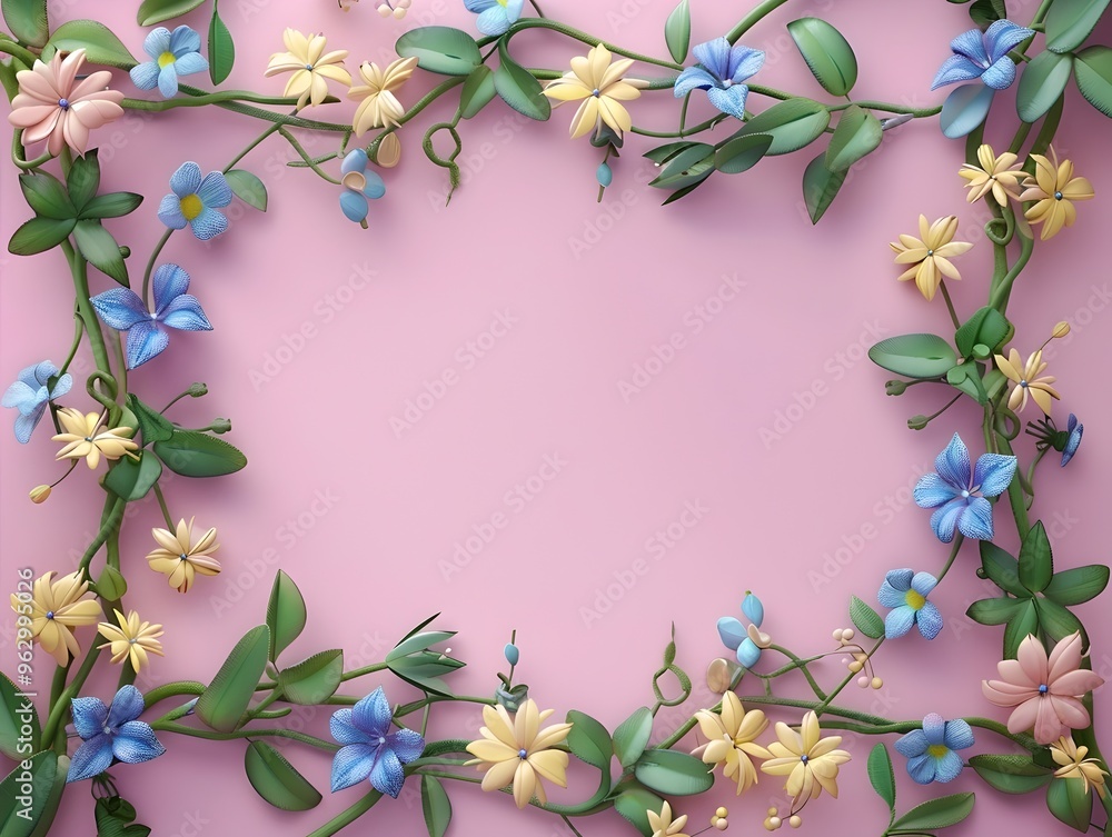 Naklejka premium Whimsical Floral Frame and Border on Pastel Pink Background