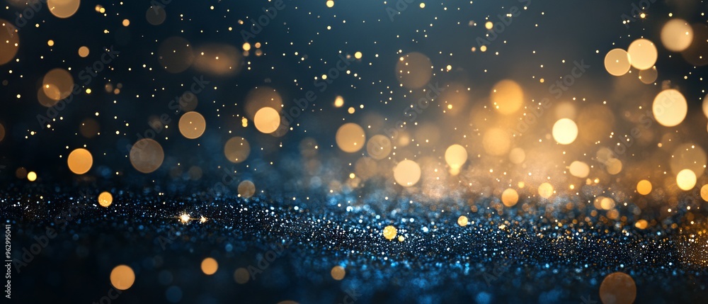 Abstract glitter lights background in blue, gold, and black tones with defocused sparkles for elegant banners or designs Abstract glitter lights background in blue, gold, and black tones with defocused sparkles for elegant banners or designs