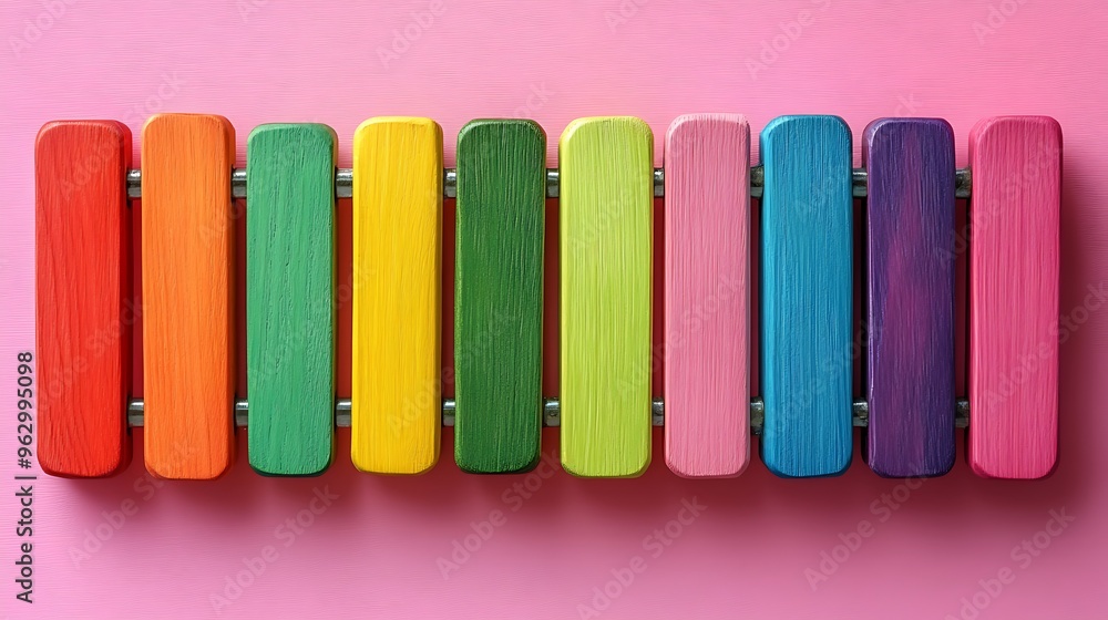 Fototapeta premium A colorful wooden xylophone on a pink background.
