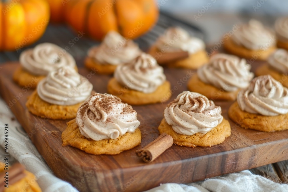 Freshly made pumpkin cookies, covered in a smooth cream cheese frosting and sprinkled with cinnamon Freshly made pumpkin cookies, covered in a smooth cream cheese frosting and sprinkled with cinnamon