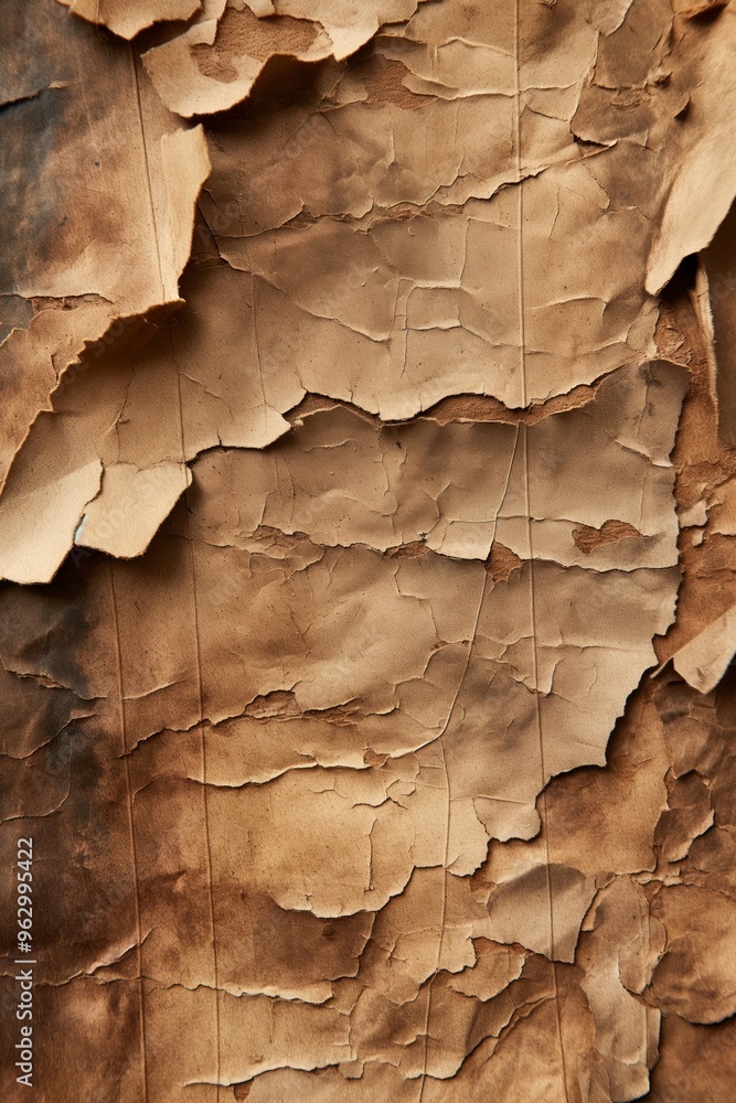 Old craft paper with rough texture shows signs of age. Paper has brown and black colors, crumpled edges, and dust layer. Perfect for vintage or retro designs, art projects, or backgrounds.