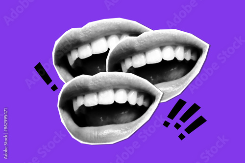 Halftone collage banner, smiling laughing mouths and exclamation marks on purple background. Newspaper cutout paper elements, statement, dialogue.