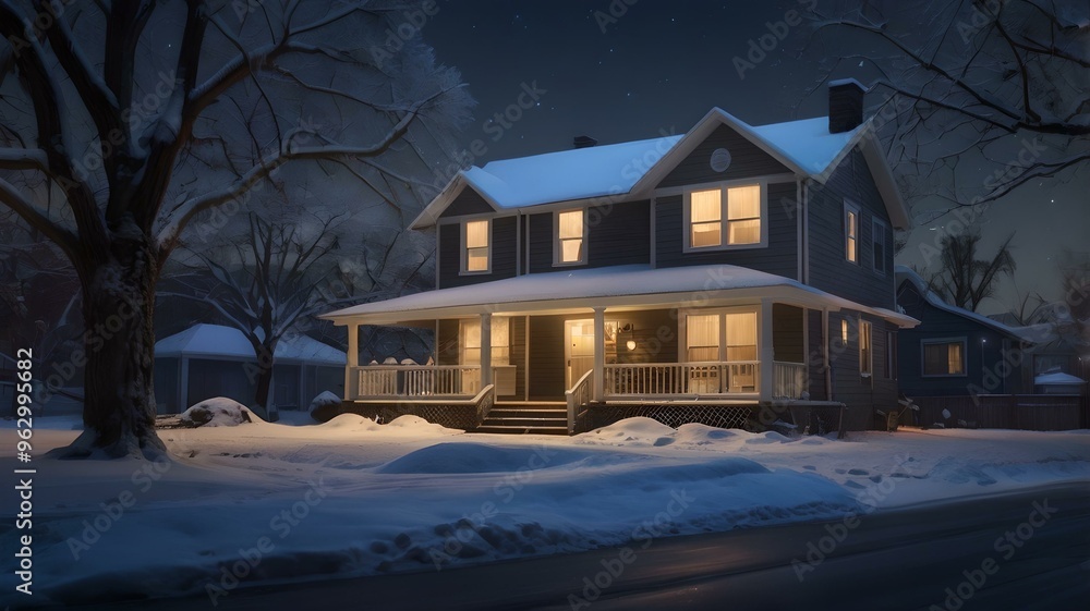: A Snow-Covered Home Illuminated by Warm Lights in a Peaceful Neighborhood : A Snow-Covered Home Illuminated by Warm Lights in a Peaceful Neighborhood
