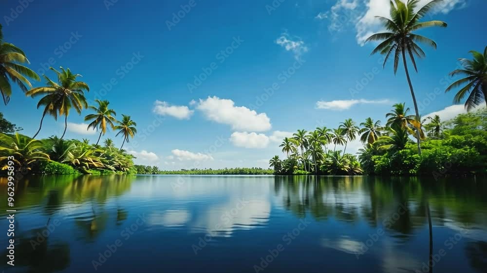 A serene tropical river scene with lush palm trees reflecting on the calm A serene tropical river scene with lush palm trees reflecting on the calm
