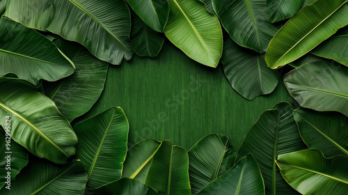 A high-quality image showcasing vibrant, lush green banana leaves with intricate textures and natural patterns.
