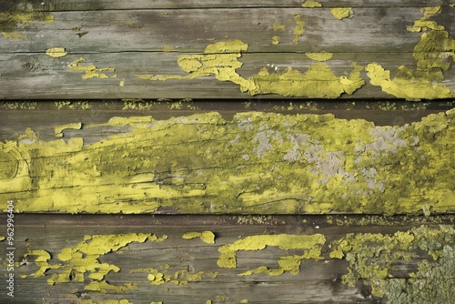 Weathered wooden surface shows rough texture with yellow green paint peeling off, revealing wood layers. Unevenly distributed paint worn. Blurred background focuses on wooden surface rustic charm. photo