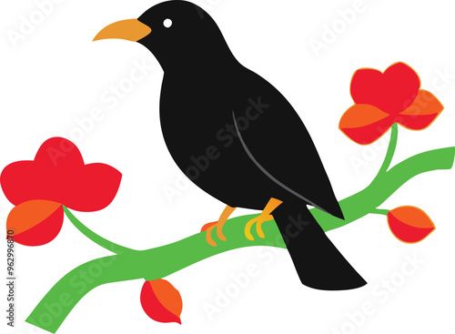 Vector Art of a Black Raven Gracefully Perched on Floral Branch
