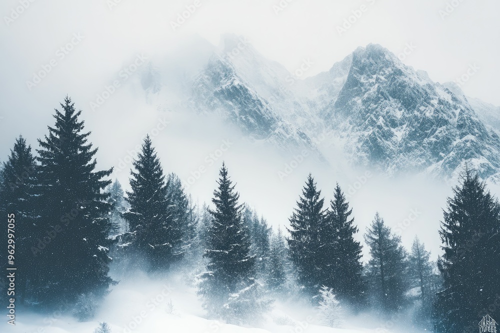 Snowy mountain landscape with evergreen trees. Snowy mountain landscape with evergreen trees.