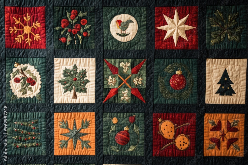Flat lay of a Christmas quilt pattern, with each square featuring a different festive motif Flat lay of a Christmas quilt pattern, with each square featuring a different festive motif