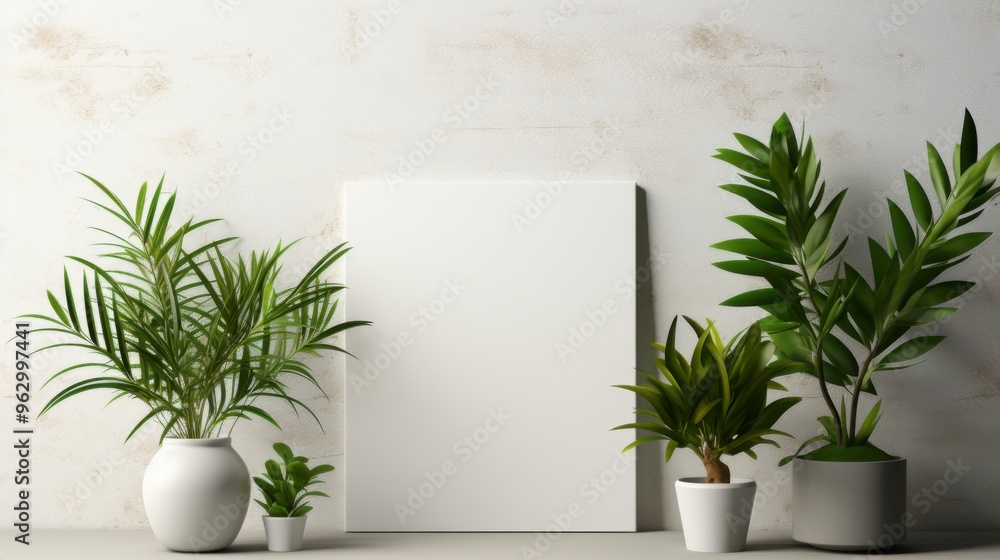 Mock up poster frame with potted plants on white table. Mock up poster frame with potted plants on white table.