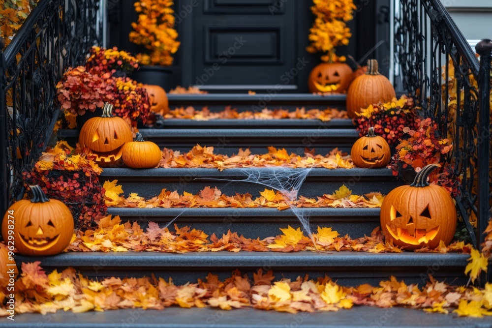Obraz premium modern house decorated for halloween with pumpkins and autumn leaves. AI generated