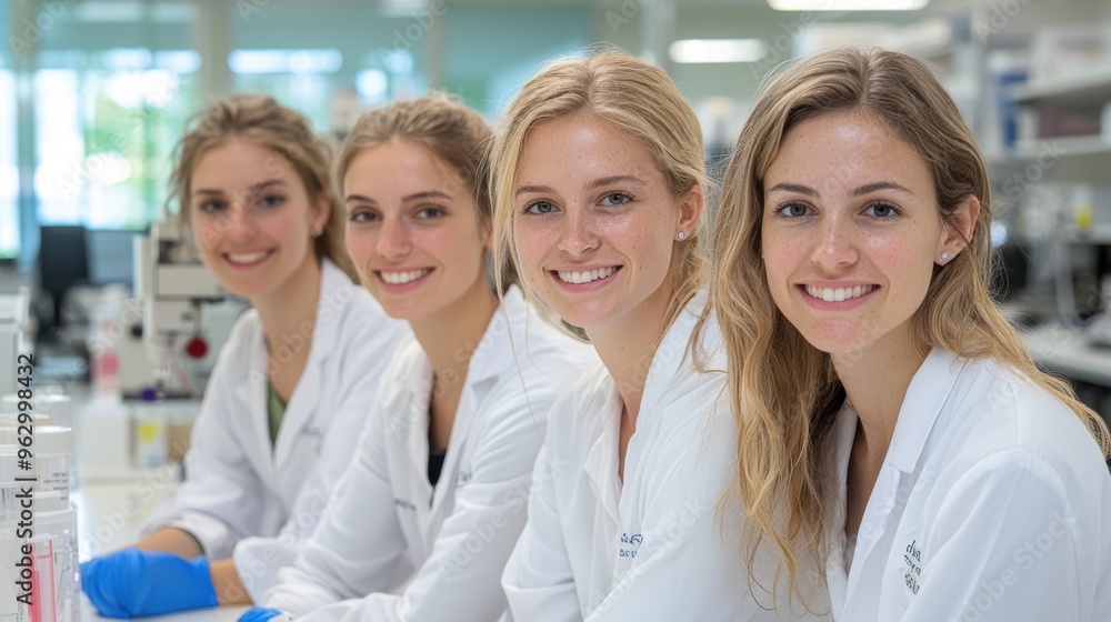 Fototapeta premium Four Smiling Female Scientists in a Lab