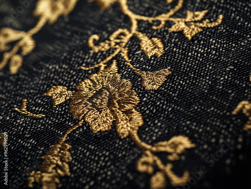 Jacquard fabric: extreme close-up, gold thread intertwining through a black base, delicate floral pattern