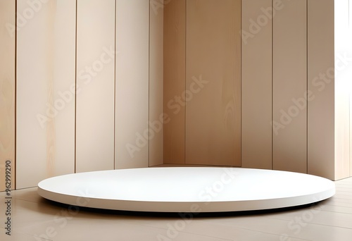 A white pedestal with a large green monstera leaf, against a plain white background with wooden poles