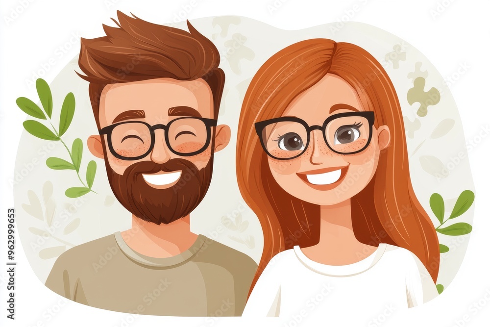 Obraz premium Neuronal processing Brain processing Cartoon style vector image of a couple with smiling faces and puzzle piece brains symbolizing intellectual connection teamwork and cognitive collaboration