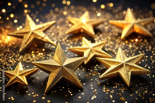 Golden stars on illuminated background with sparkling bokeh festive decorative shimmering ornaments