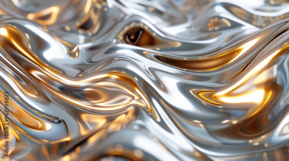 Abstract background featuring a flowing river of liquid metal, shimmering in stunning silver and gold tones for a luxurious visual effect. Abstract background featuring a flowing river of liquid metal, shimmering in stunning silver and gold tones for a luxurious visual effect.