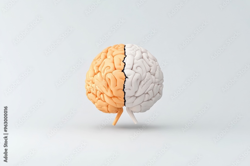 Abstract representation of a stroke, brain split by lightning, one side dark and damaged, the other side glowing, Surreal illustration, High contrast, Bold colors Abstract representation of a stroke, brain split by lightning, one side dark and damaged, the other side glowing, Surreal illustration, High contrast, Bold colors