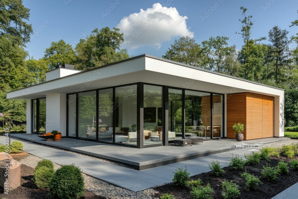 Modern home design with large glass windows and greenery. Modern home design with large glass windows and greenery.