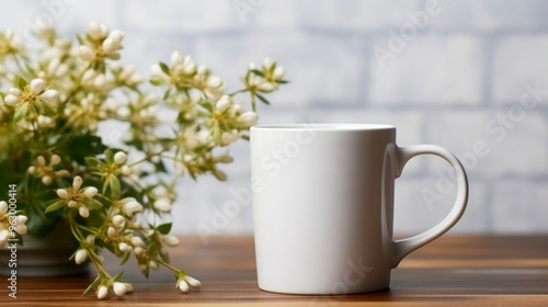 Wallpaper Mural White cup of coffee with white flowers on a wooden table in front of a brick wall Torontodigital.ca