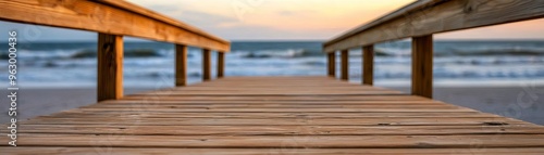 Outdoor Wooden Handrail by Coastal Pathway, seaside boardwalk, weathered wood, ocean waves, sunset colors, peaceful stroll ambiance