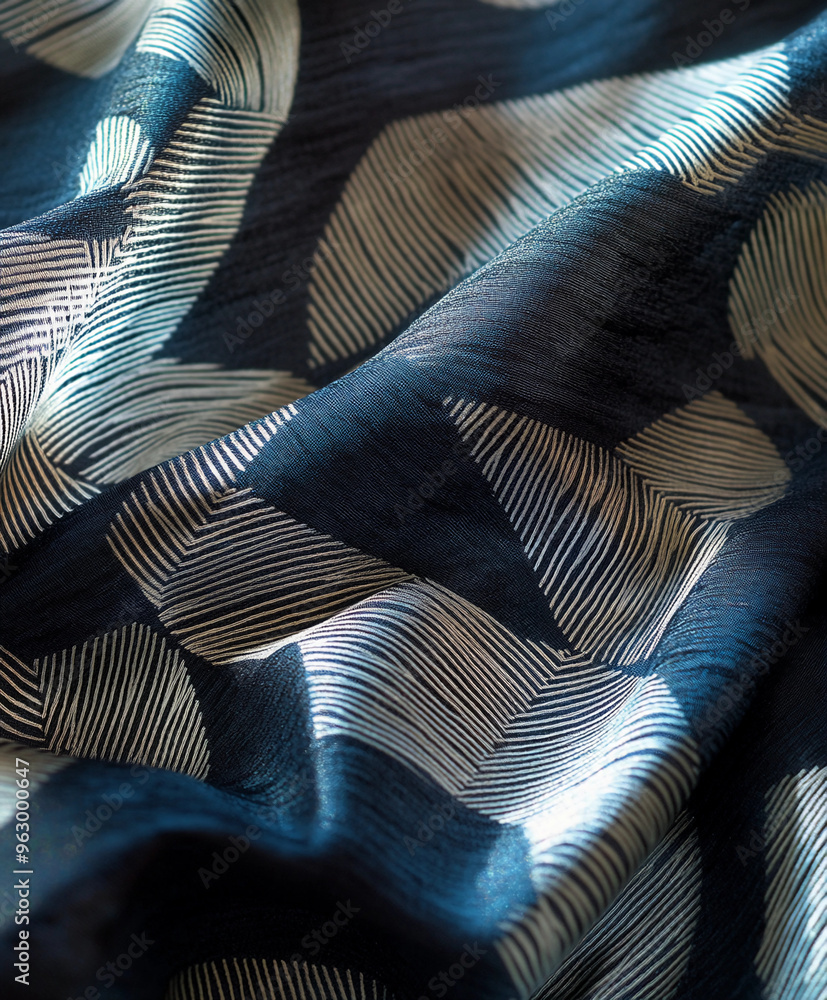 Naklejka premium Jacquard fabric: geometric, art deco design in navy and silver, texture emphasized by natural sunlight streaming through a window