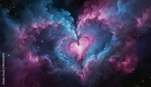 Abstract nebula-like clouds of vibrant colors—pink, blue, and purple—heart shaped,intertwining in a cosmic dance.