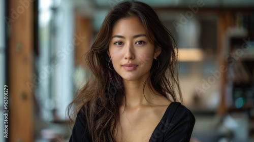 A woman with long hair and a black shirt is smiling