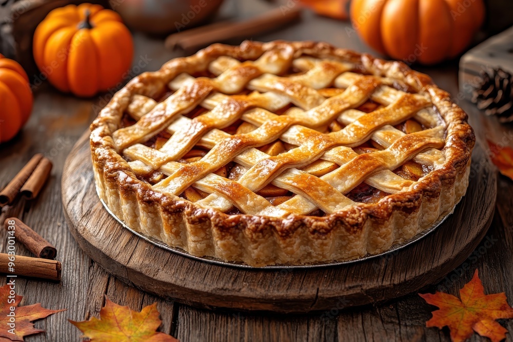 a freshly baked apple pie, golden and flaky, with a lattice crust, served on a rustic wooden table. a freshly baked apple pie, golden and flaky, with a lattice crust, served on a rustic wooden table.