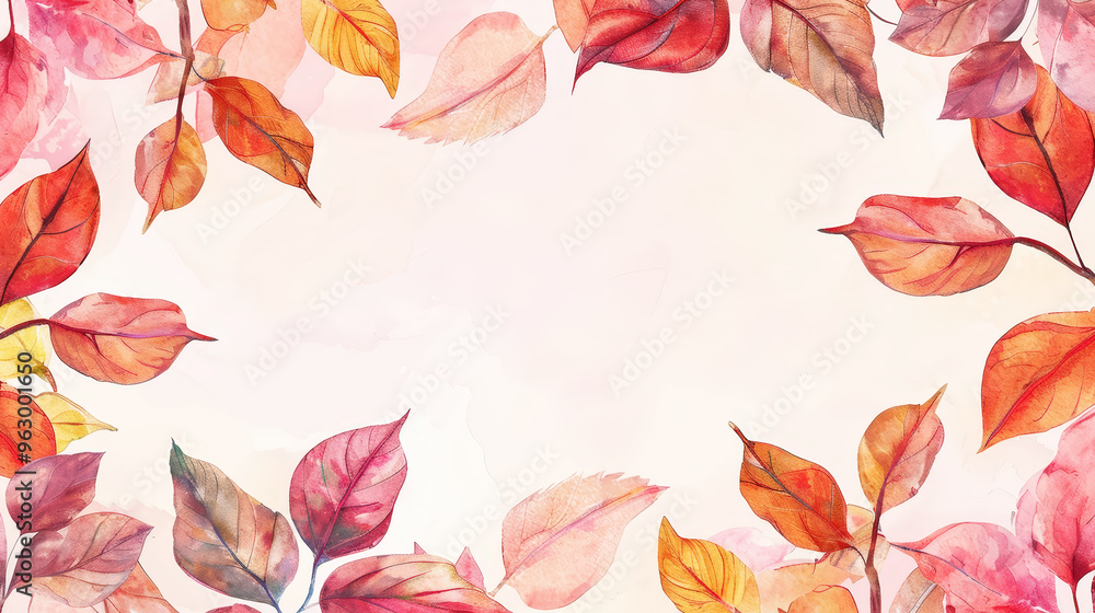 Obraz premium Aesthetic watercolor frame with autumn vibrant leaves, copy space, light background, foliage template. Generative AI
