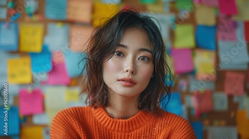 A woman with short brown hair and a red sweater is looking at the camera