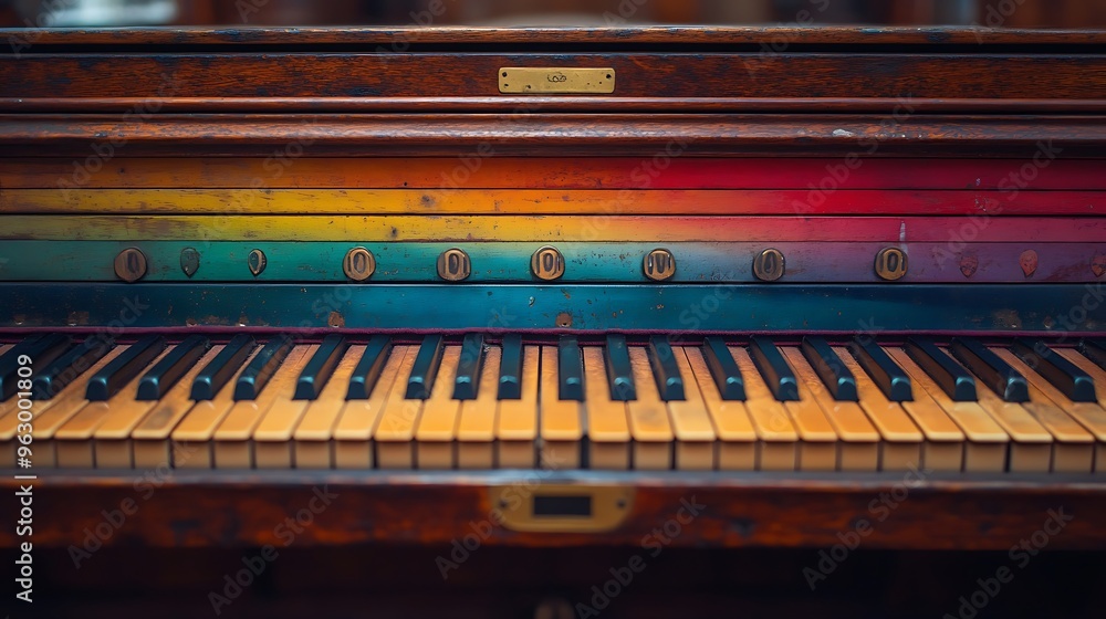 A close-up view of the keys and painted rainbow top of a vintage upright piano. A close-up view of the keys and painted rainbow top of a vintage upright piano.