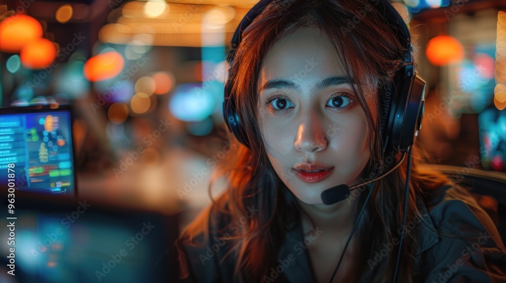 A woman wearing headphones and a headset is looking at a computer screen A woman wearing headphones and a headset is looking at a computer screen