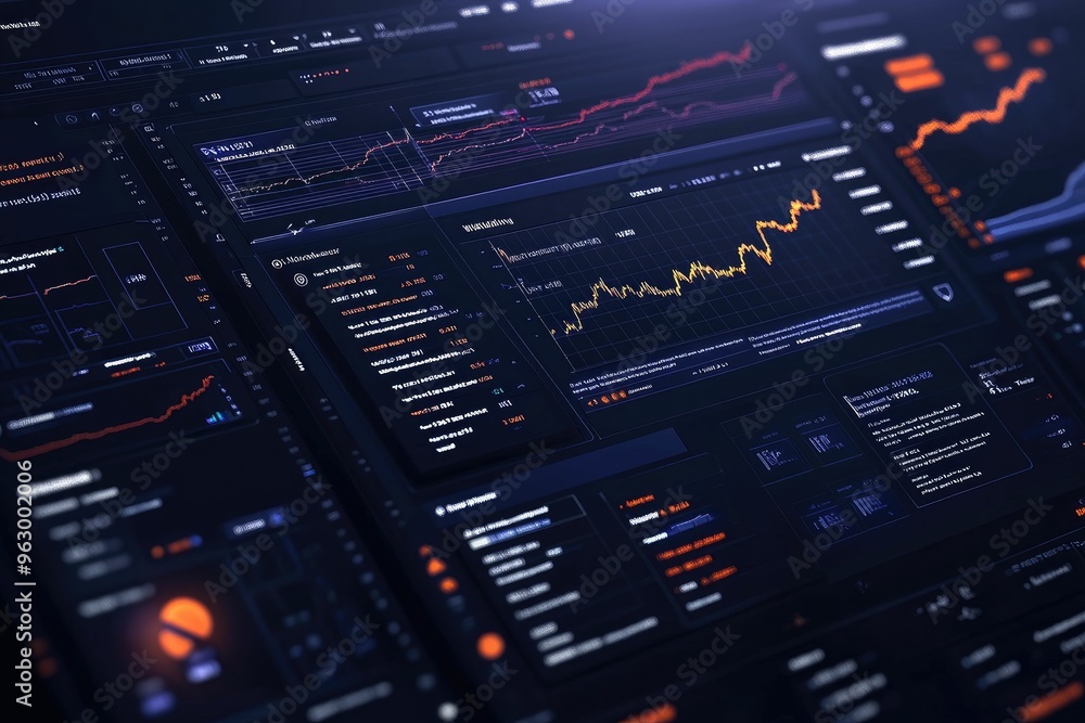 Dark-themed data dashboard with graphs and analytics. Dark-themed data dashboard with graphs and analytics.