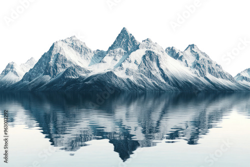 Wallpaper Mural A breathtaking view of a towering mountain range with snow-capped peaks, reflecting on the calm surface of a large body of water Torontodigital.ca