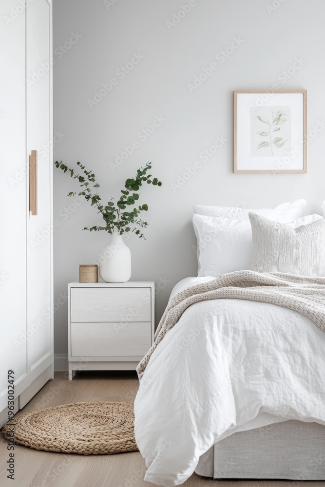 Scandinavian-style bedroom with a barn door, simple decor, and a light color palette for a cozy feel. Scandinavian-style bedroom with a barn door, simple decor, and a light color palette for a cozy feel.