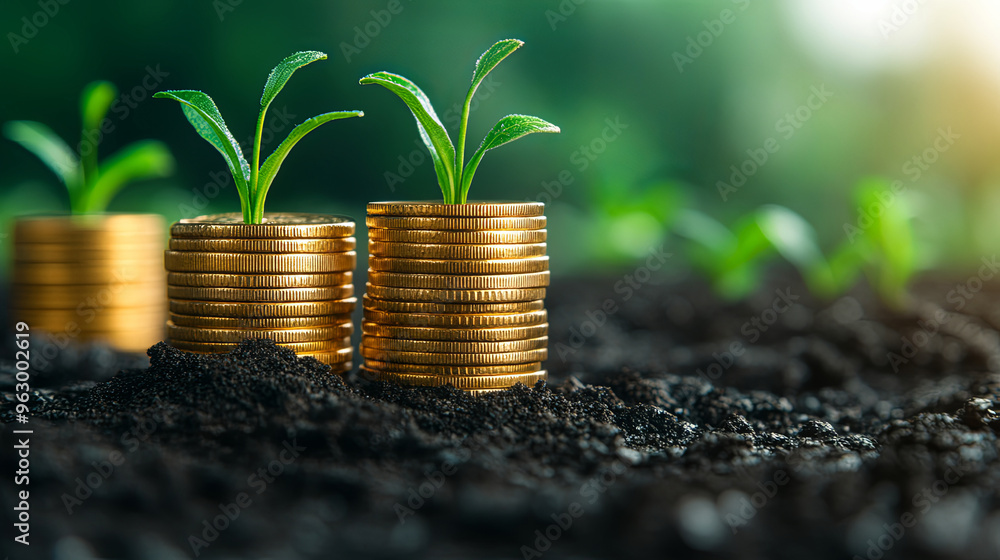 Growing Plants From Coins in Rich Soil, Symbolizing Investment and Sustainability During a Sunny Day in a Green Environment Growing Plants From Coins in Rich Soil, Symbolizing Investment and Sustainability During a Sunny Day in a Green Environment