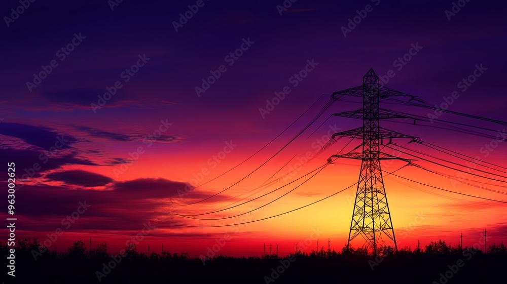 Fototapeta premium Silhouette High voltage electric tower on sunset time and sky on sunset time background