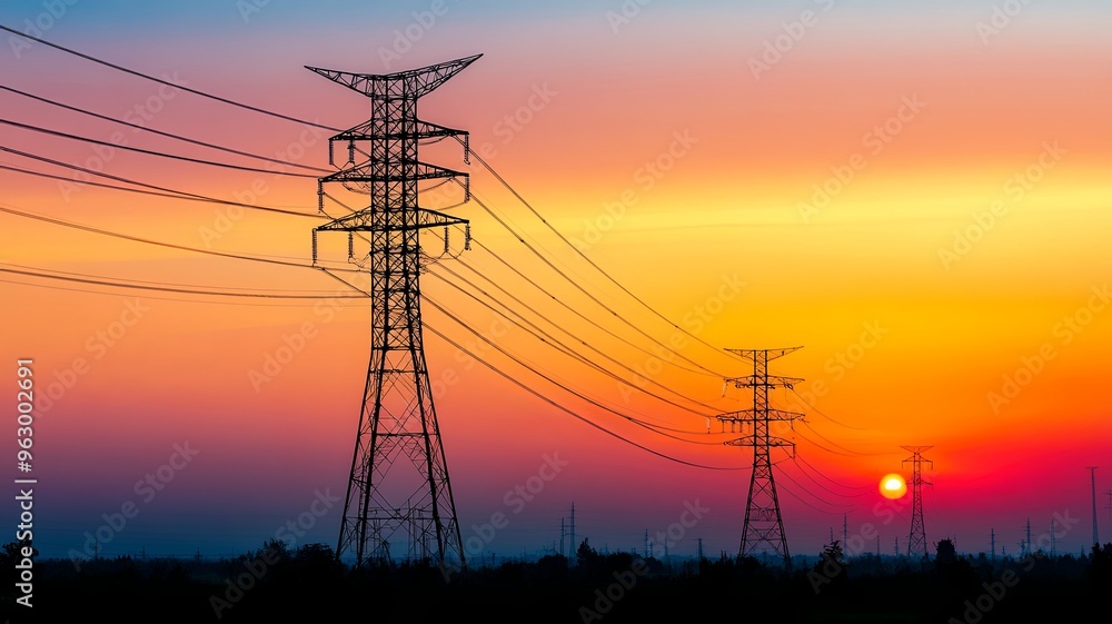 Fototapeta premium Silhouette High voltage electric tower on sunset time and sky on sunset time background