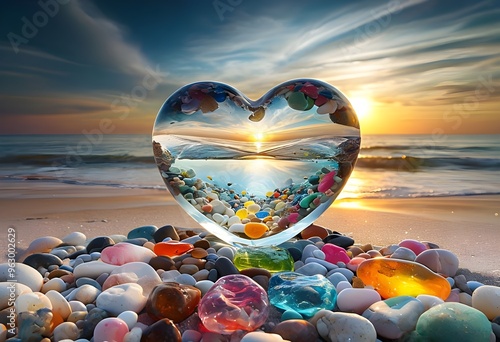 heart-shaped clear glass sculpture positioned centrally on beach