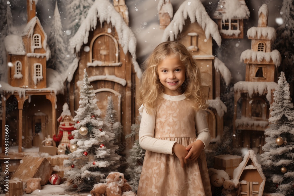 Obraz premium Happy young girl posing in winter wonderland with snow-covered houses and festive decorations