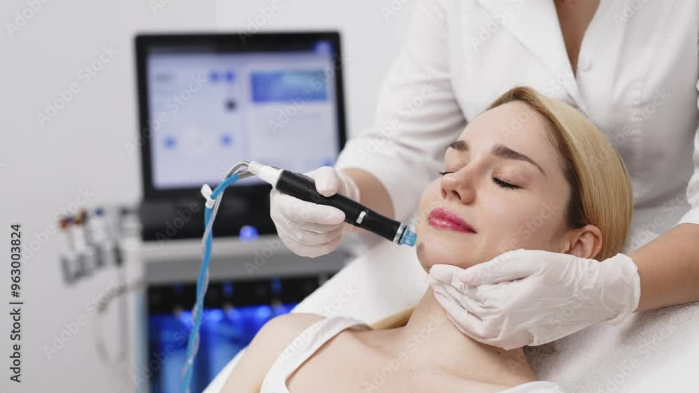A cosmetologist performs hydropeeling, deeply cleansing and rejuvenating the client's skin in a modern clinic. Perfect for showcasing advanced beauty treatments and glowing skin results. A cosmetologist performs hydropeeling, deeply cleansing and rejuvenating the client's skin in a modern clinic. Perfect for showcasing advanced beauty treatments and glowing skin results.