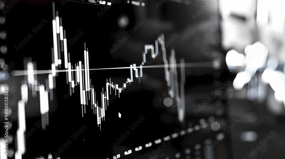 A close-up shot of a stock market chart displayed on a computer screen, showing white lines on a black background. A close-up shot of a stock market chart displayed on a computer screen, showing white lines on a black background.
