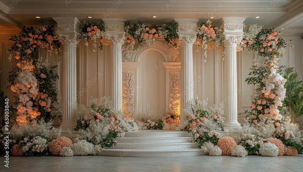 Fototapeta premium Wedding Ceremony Decoration with White Pillars and Floral Arrangements