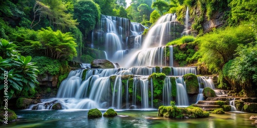 Waterfalls plunge three levels, surrounding lush vegetation, forming a breathtaking panorama.