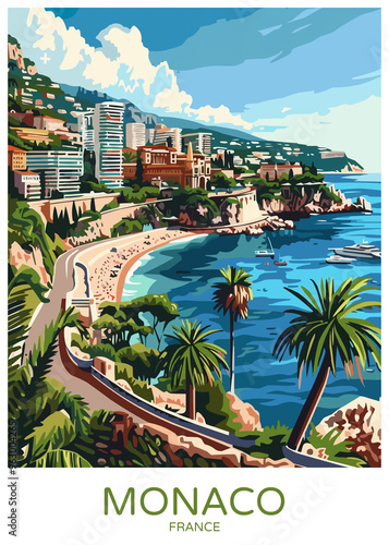 Monaco Poster Illustration Travel Print Decor Gift Paper Canvas Wall Retro Art