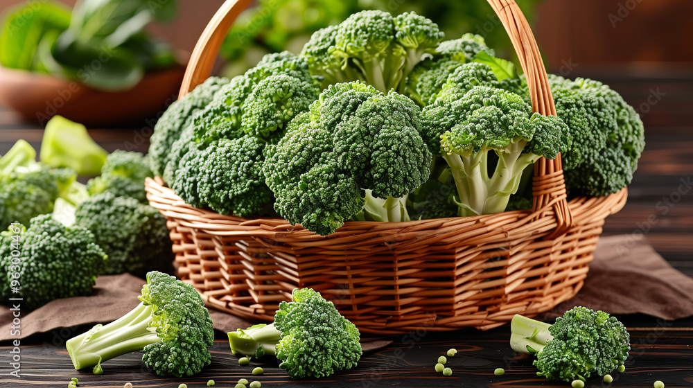 Freshly harvested broccoli filling a rustic basket displayed on a weathered wooden surface Freshly harvested broccoli filling a rustic basket displayed on a weathered wooden surface